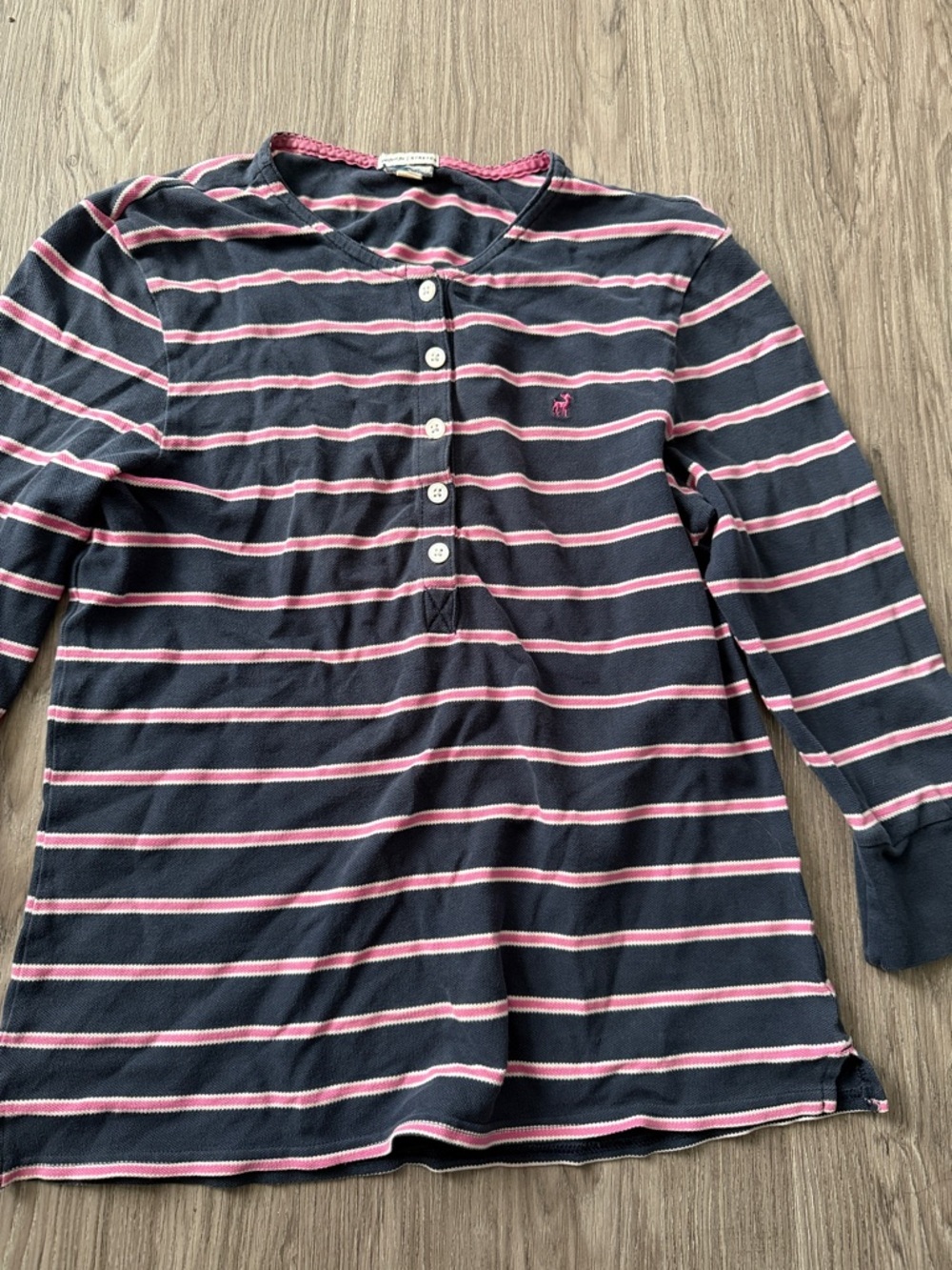 Women's Navy and Pink Striped Long-Sleeve Henley Top